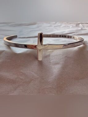 Philippians 4:13- Silver Cross Cuff Bracelet - Polished Metal